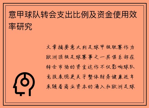 意甲球队转会支出比例及资金使用效率研究
