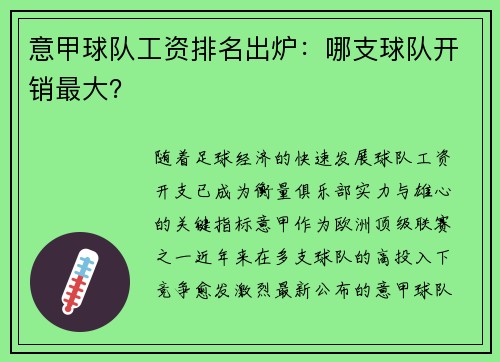 意甲球队工资排名出炉：哪支球队开销最大？